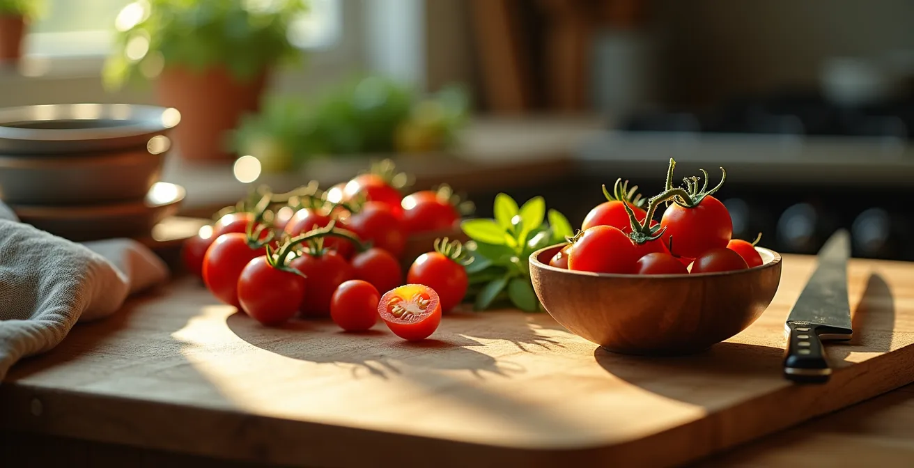 Gros plan détaillé d'une cuisine moderne équipée avec ustensiles, aliments frais et herbes aromatiques préparés pour cuisiner