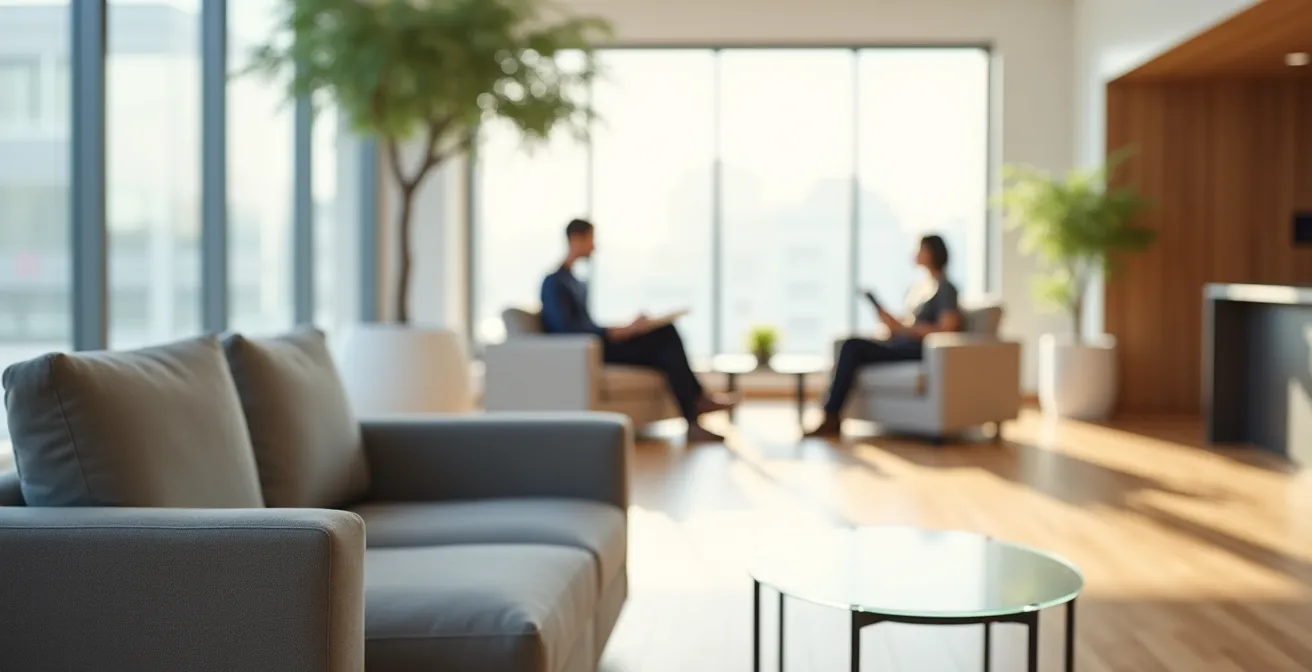 Espace commun lumineux d'une résidence appart-hôtel avec mobilier moderne, où plusieurs résidents se détendent dans une ambiance conviviale