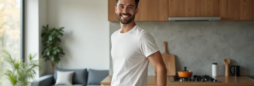 Un professionnel satisfait dans un appartement-hôtel spacieux, profitant du confort d'une cuisine équipée et d'un espace de vie lumineux