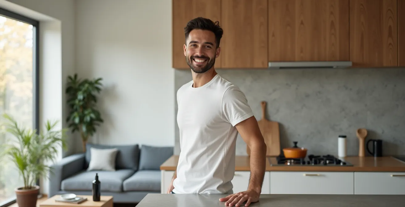 Un professionnel satisfait dans un appartement-hôtel spacieux, profitant du confort d'une cuisine équipée et d'un espace de vie lumineux