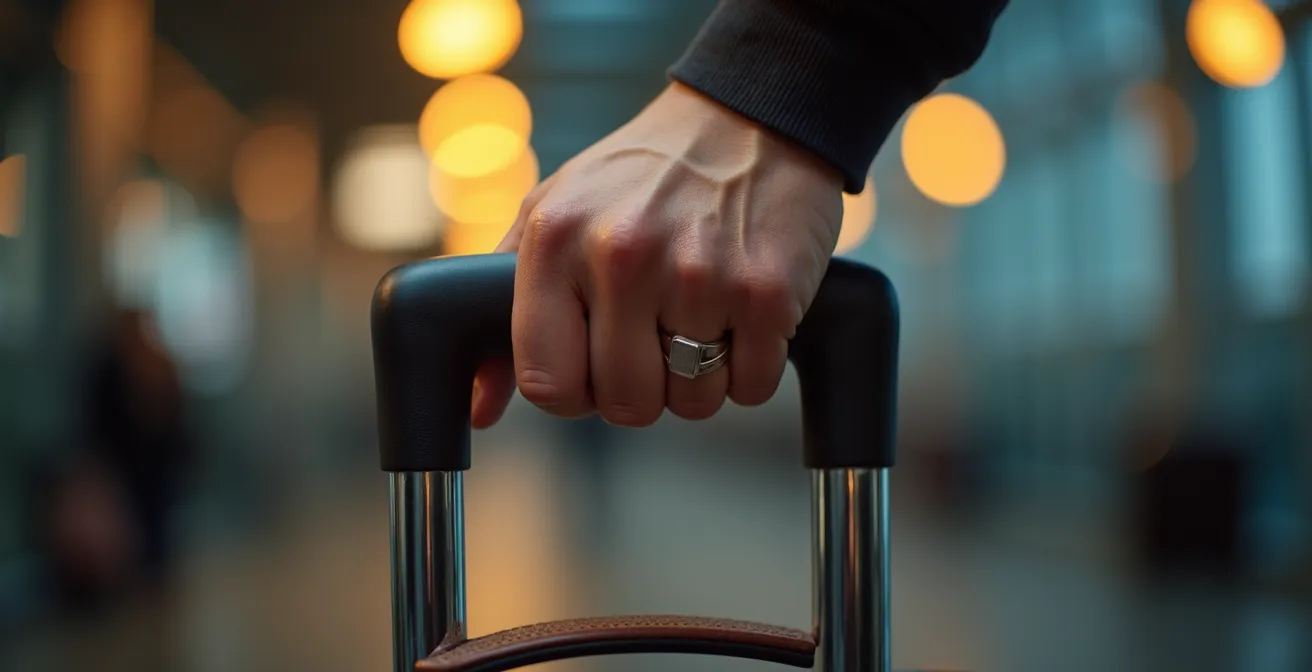 Gros plan sur une main serrant nerveusement la poignée d'une valise