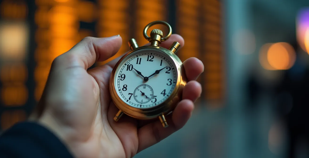 Main tenant un chronomètre vintage avec reflets métalliques
