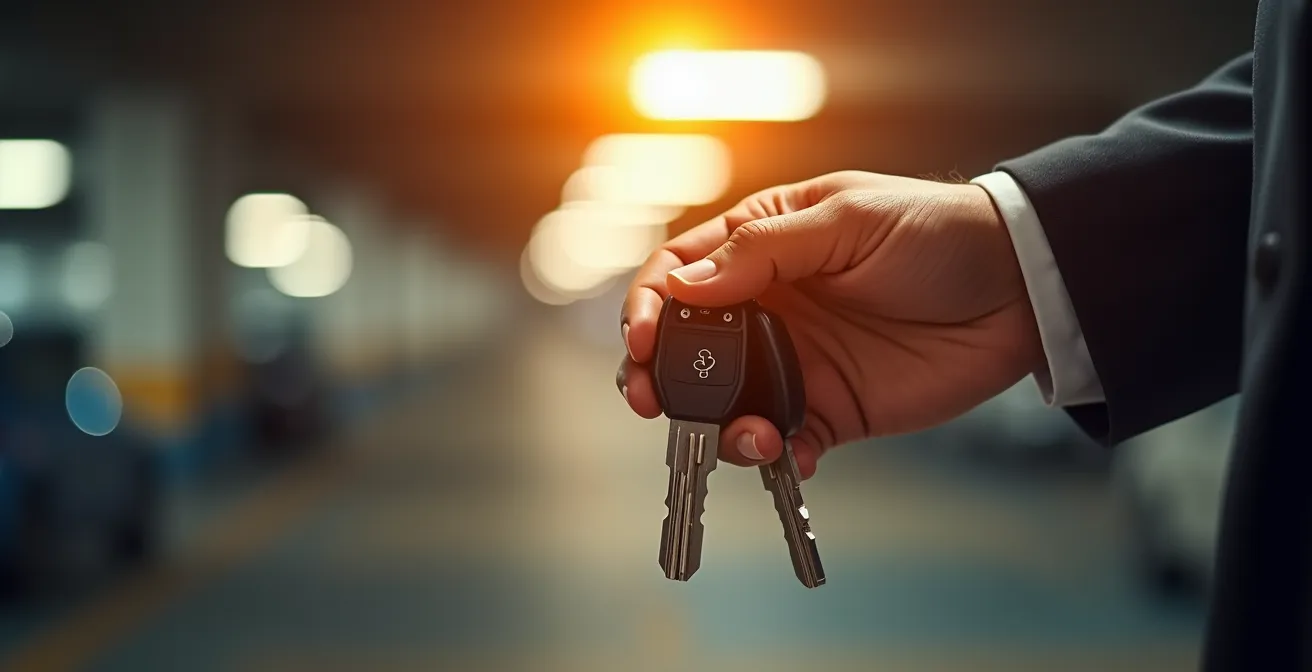 Clés de voiture modernes tenues dans une main avec parking sécurisé flou en arrière-plan
