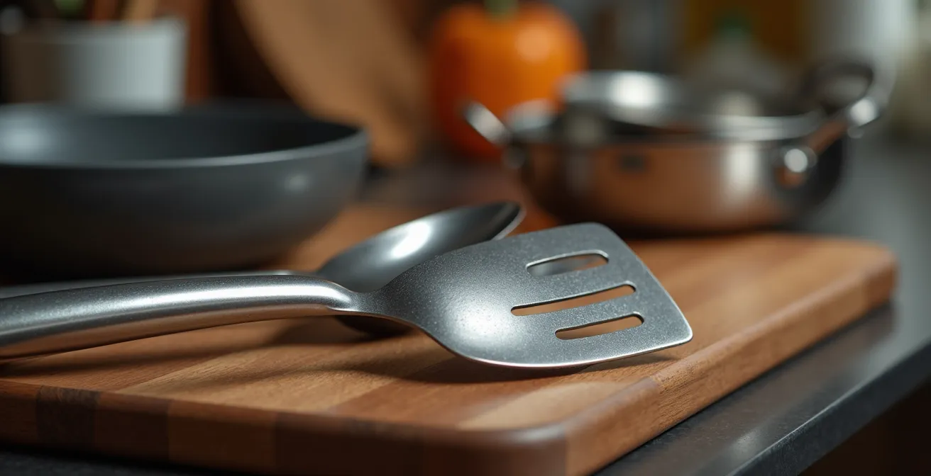 Détail d'une cuisine équipée moderne avec ustensiles professionnels