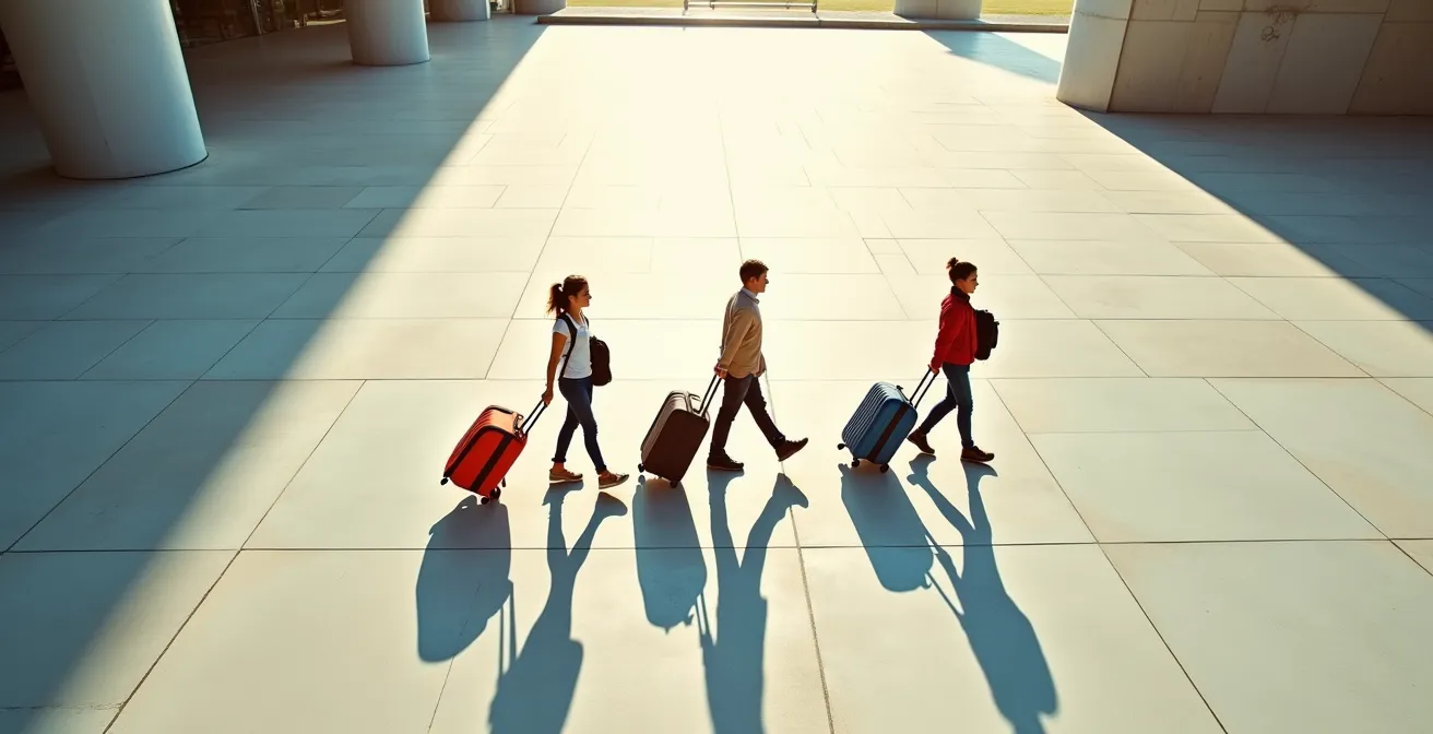 Vue aérienne d'une famille avec bagages marchant ensemble vers le terminal