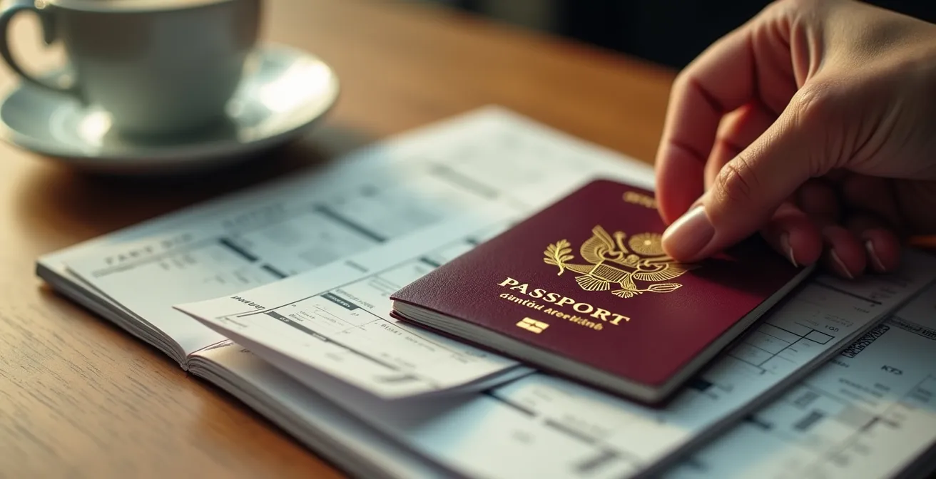 Main tenant un passeport et des billets d'avion sur une table en bois avec café