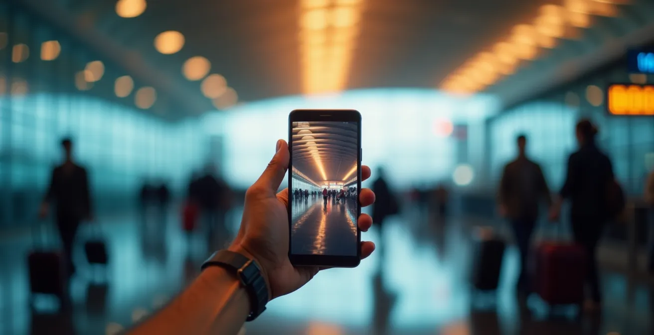 Main tenant un smartphone dans un hall d'aéroport moderne avec voyageurs en arrière-plan