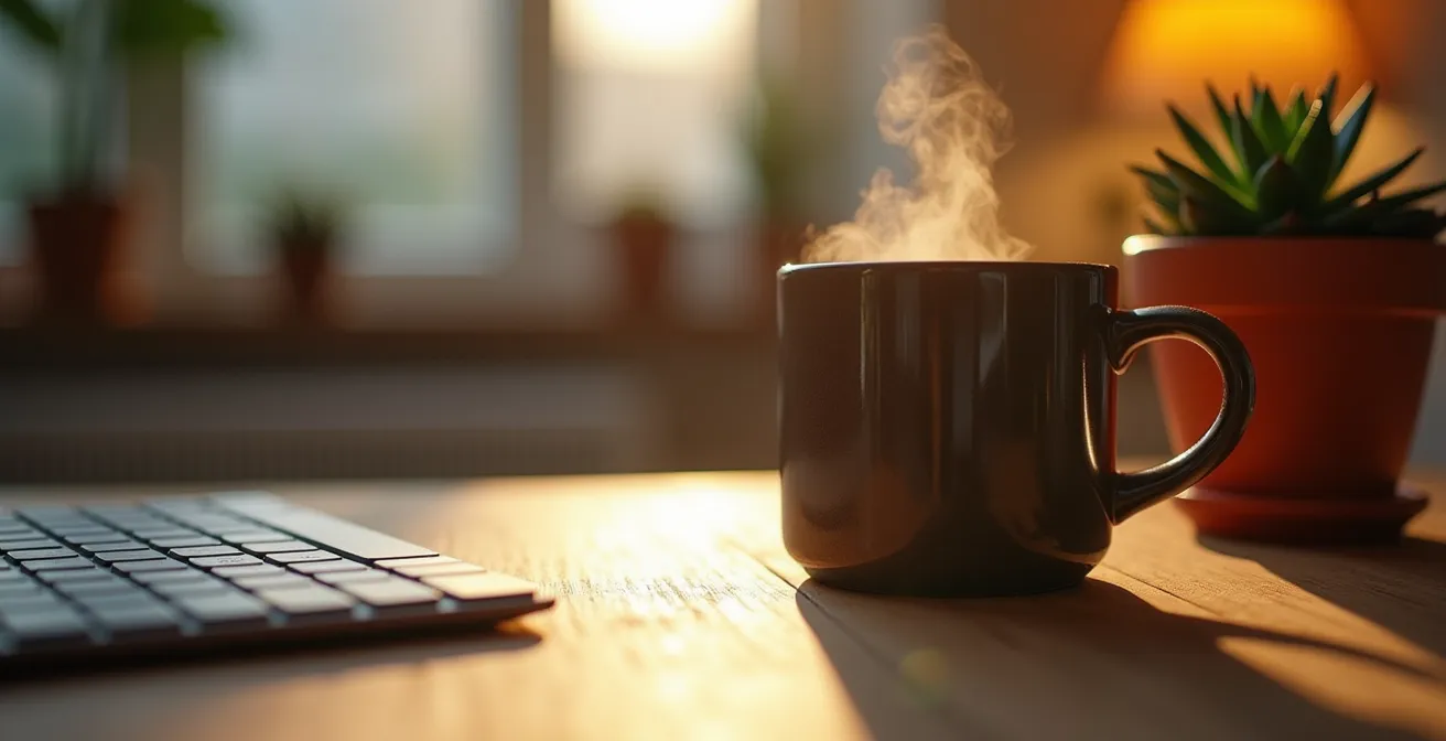 Détail d'un bureau ergonomique avec plantes et éclairage naturel