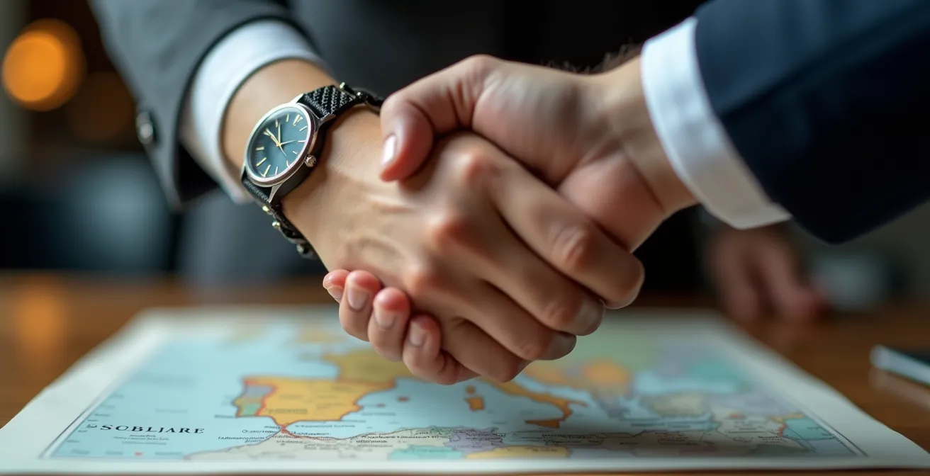 Poignée de main professionnelle symbolisant l'accord transfrontalier