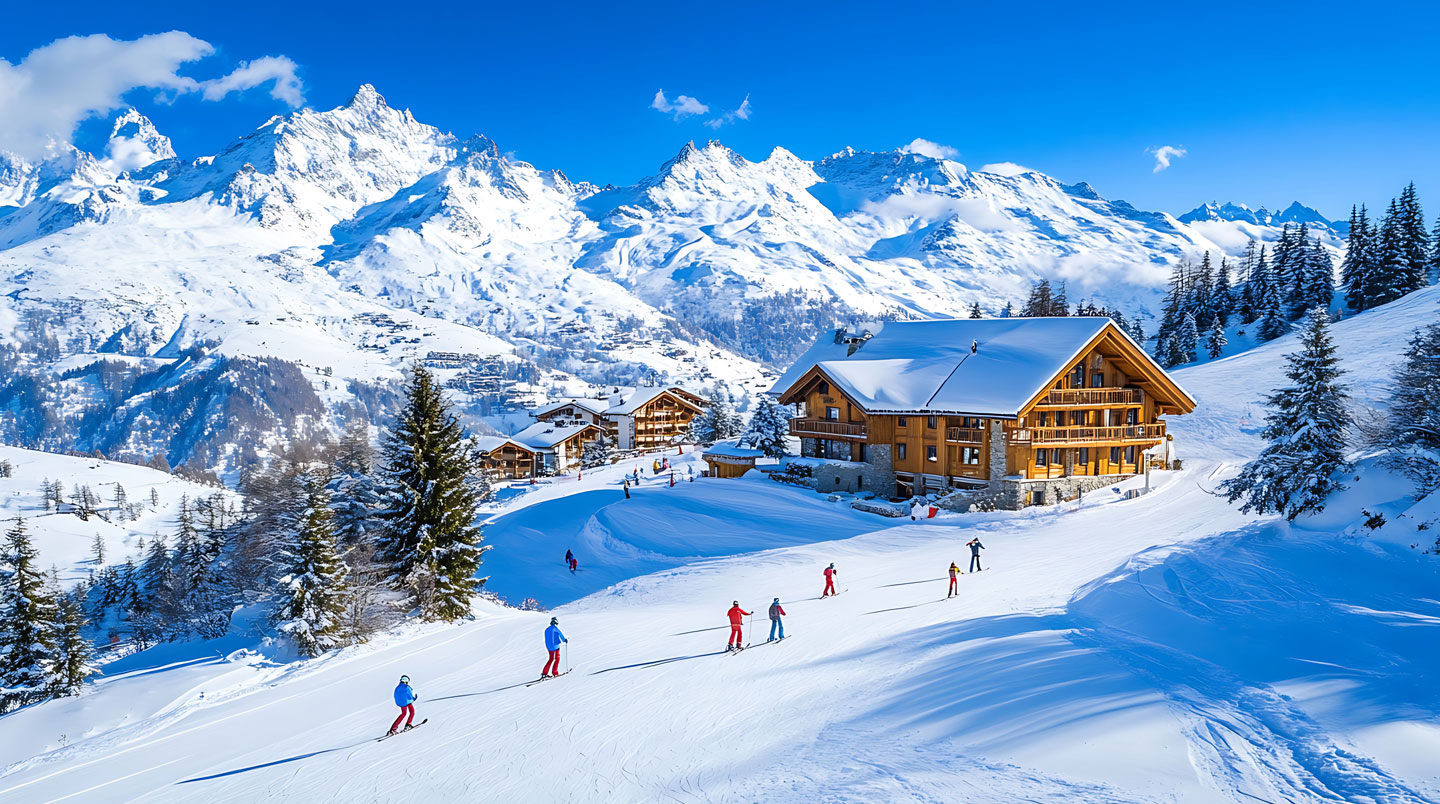 Vue extérieure d'un hôtel de montagne à l'architecture alpine moderne, avec des remontées mécaniques visibles en arrière-plan sous une lumière naturelle d'hiver