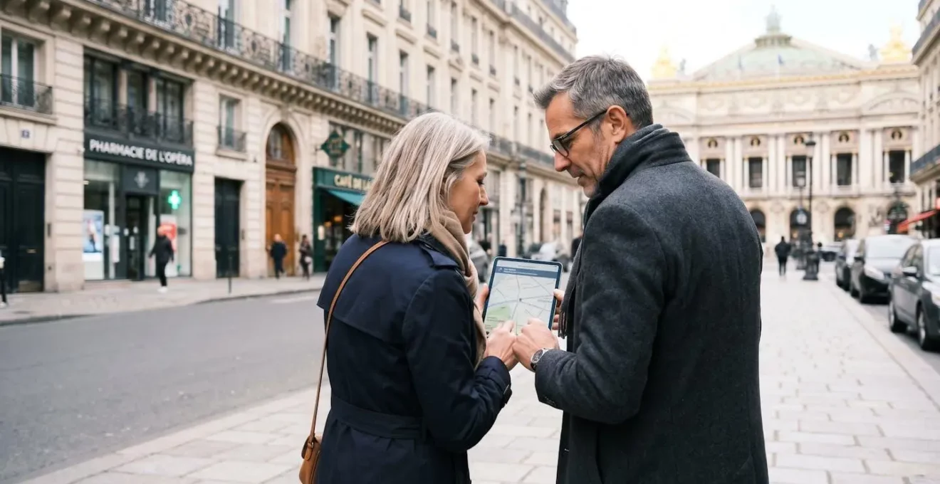 Un couple d'une cinquantaine d'années consulte une tablette tout en marchant dans une rue élégante du quartier de l'Opéra à Paris, architecture haussmannienne en arrière-plan