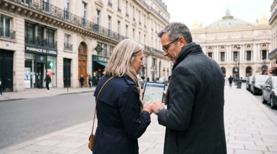 Un couple d'une cinquantaine d'années consulte une tablette tout en marchant dans une rue élégante du quartier de l'Opéra à Paris, architecture haussmannienne en arrière-plan