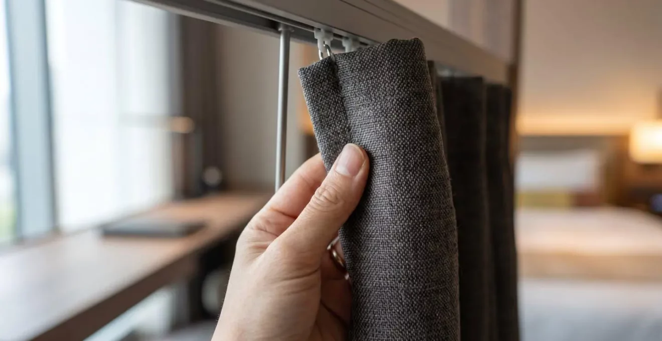 Gros plan sur une main ajustant un rideau occultant dans une chambre d'hôtel élégante baignée de lumière naturelle douce