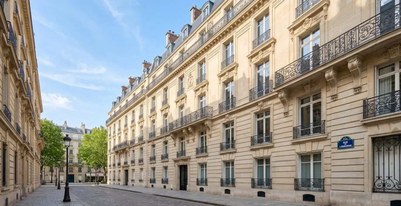 Façade d'immeuble haussmannien élégant du 8e arrondissement parisien avec balcons en fer forgé et pierres de taille, dans une rue calme baignée de lumière naturelle