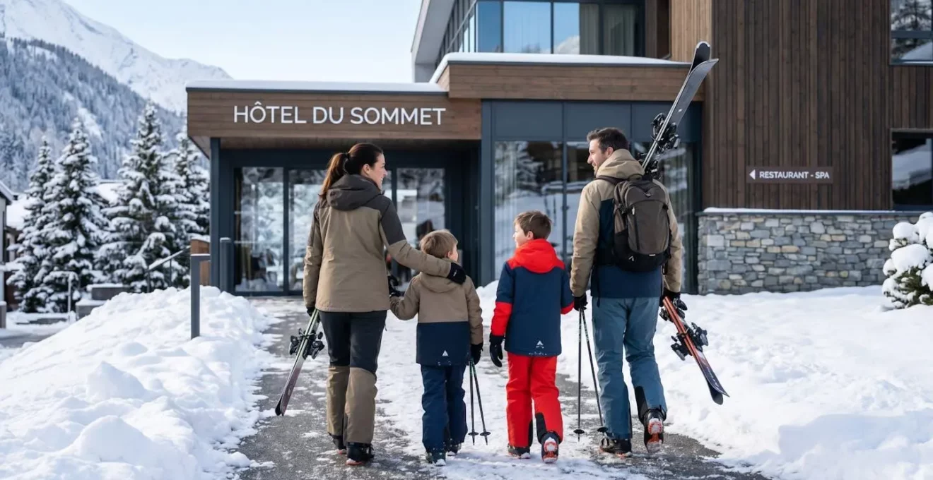 Une famille en tenue de ski, vue de dos, marche sur un chemin enneigé vers un hôtel de montagne contemporain par une matinée lumineuse d'hiver