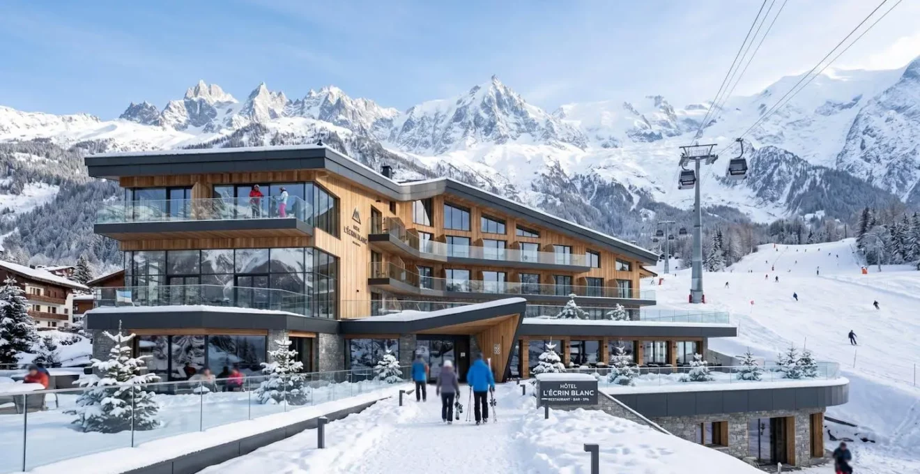 Vue extérieure d'un hôtel de montagne à l'architecture alpine moderne, avec des remontées mécaniques visibles en arrière-plan sous une lumière naturelle d'hiver