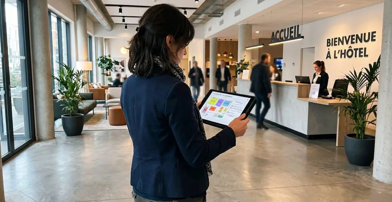 Organisateur consultant un plan d'étage de séminaire sur tablette dans un hall d'hôtel contemporain
