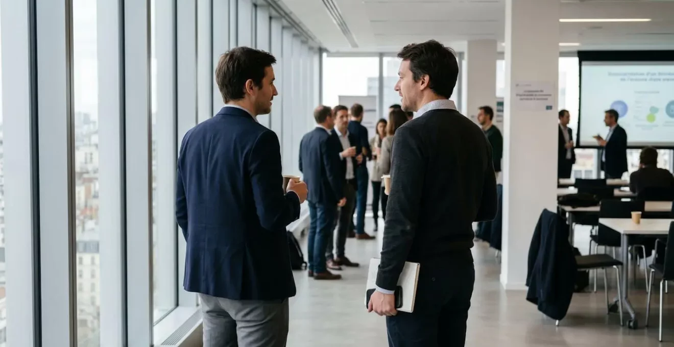 Deux participants à un séminaire en discussion informelle dans un espace lumineux aux larges baies vitrées