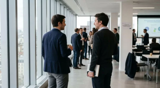 Deux participants à un séminaire en discussion informelle dans un espace lumineux aux larges baies vitrées