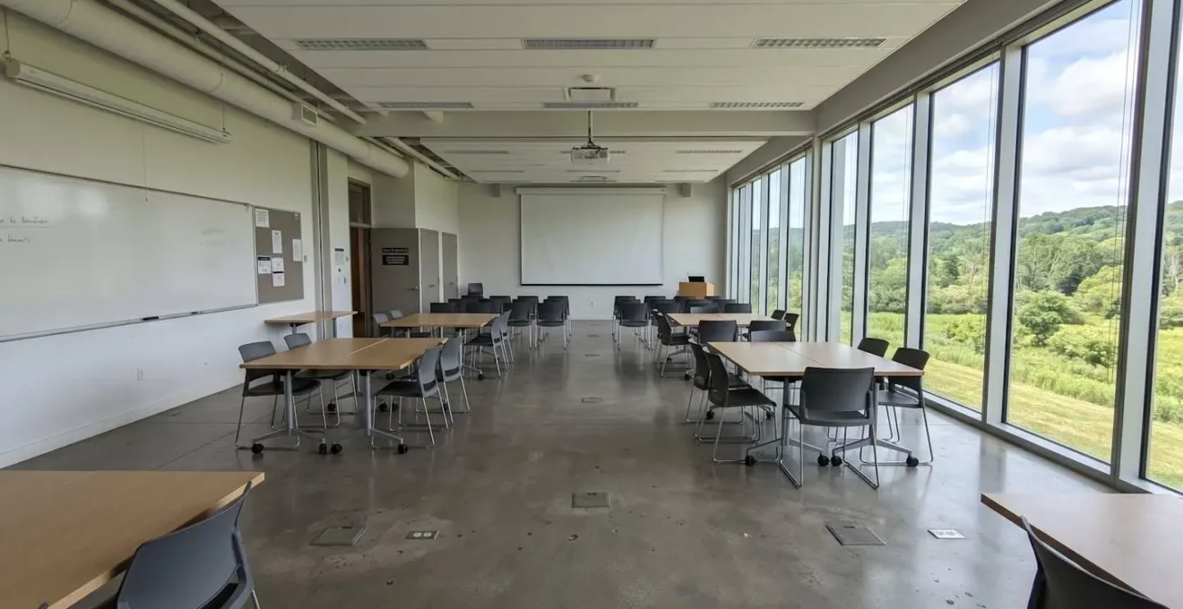 Salle de séminaire lumineuse avec baies vitrées donnant sur un paysage naturel et mobilier modulable