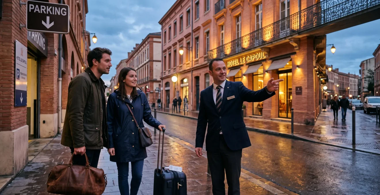 Un réceptionniste indique un stationnement à un couple avec valises devant un hôtel.