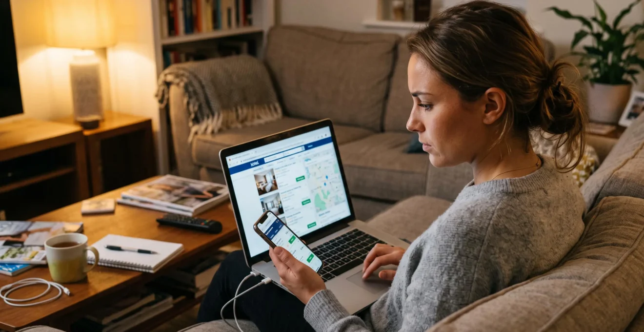 Une femme compare les disponibilités d'hôtels sur un ordinateur portable et son smartphone.