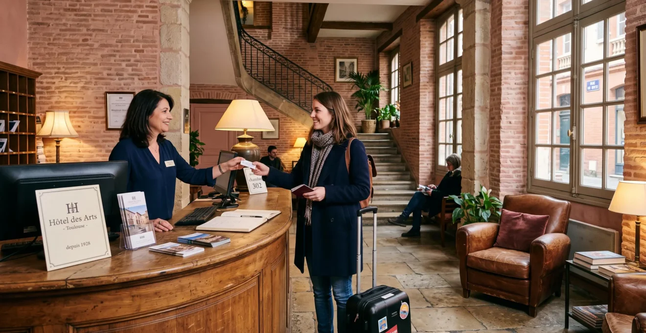Un voyageur reçoit une carte de chambre à la réception d'un hôtel toulousain.